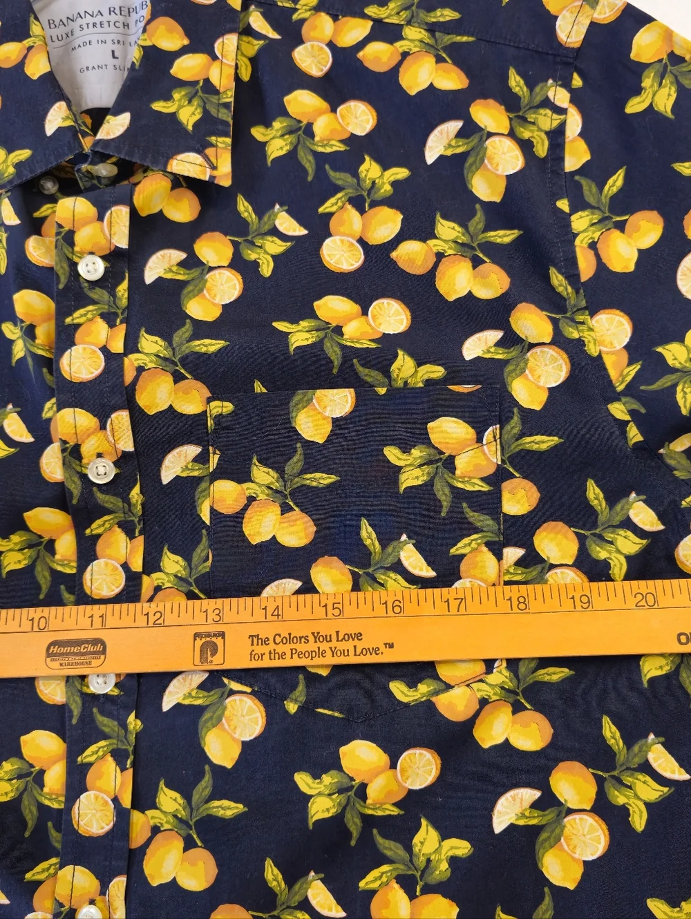 Banana Republic Short-Sleeve Navy Lemon Print Shirt Luxe Stretch Poplin Size L